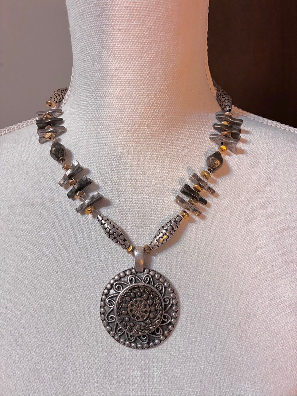 Chico's Silver and Gold-Tone Medallion Pendant Necklace
